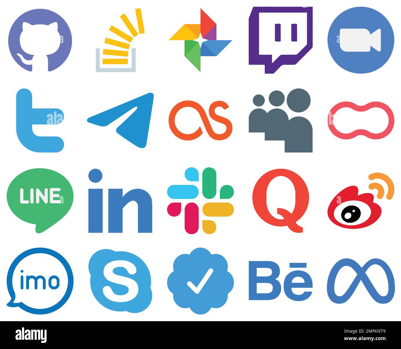 20 flache Social-Media-Symbole für eine vereinfachte Benutzeroberfläche. Video. messenger- und Tweet-Symbole. Symbolgruppe „Einfacher Verlauf“ Stock Vektor