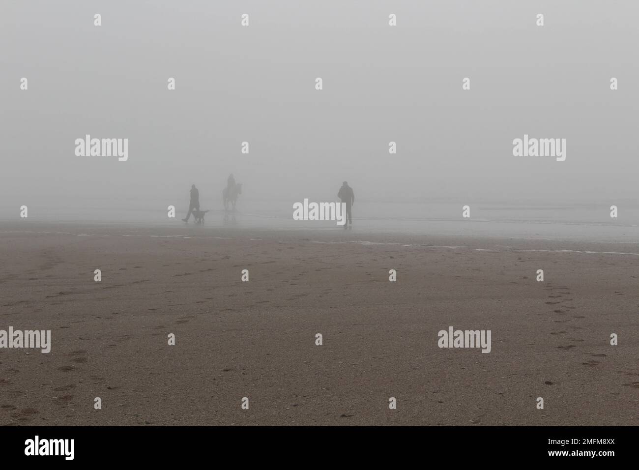 Eine Mischung von Leuten am Strand an einem nebligen, bedeckten Wintertag. Reiter, Hundeführer und allein laufender Mensch, Depression, allein zusammen Konzept Stockfoto