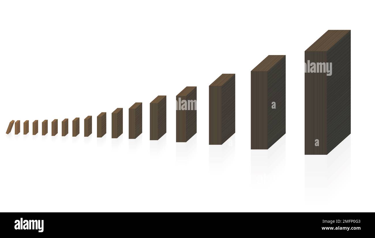 Domino-Kettenreaktion mit wachsenden Stücken. Der kleinste beginnt, die größeren Dominosteine stehen noch. Symbol für gefährliche Entwicklung. Stockfoto