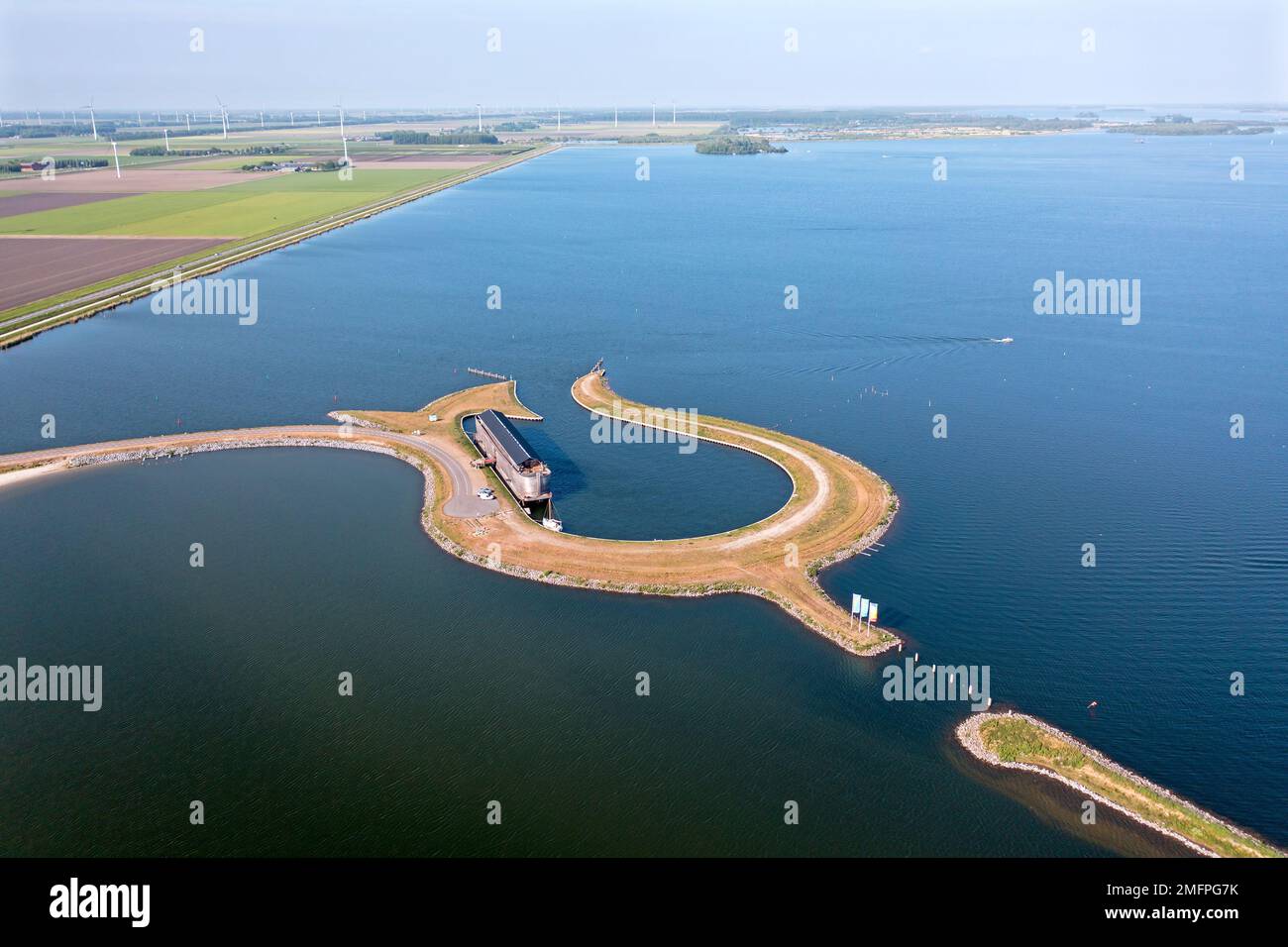 Luftaufnahme von der Tulpeninsel bei Zeewolde in den Niederlanden Stockfoto