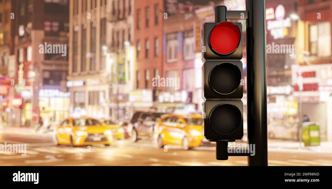 Ampelkonzept. Semaphore-Ampel an der Stange mit rotem Stoppsignal an der verschwommenen Stadt bei Nacht. Gefahrenwarnung für den Fahrer. 3D RE Stockfoto