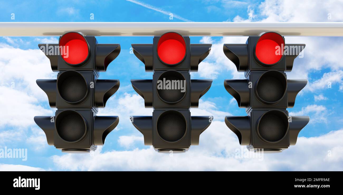 Verkehrsrisikomanagement. Drei hängende Ampeln mit rotem Stoppsignal auf bewölktem Himmel. 3D-Rendern Stockfoto