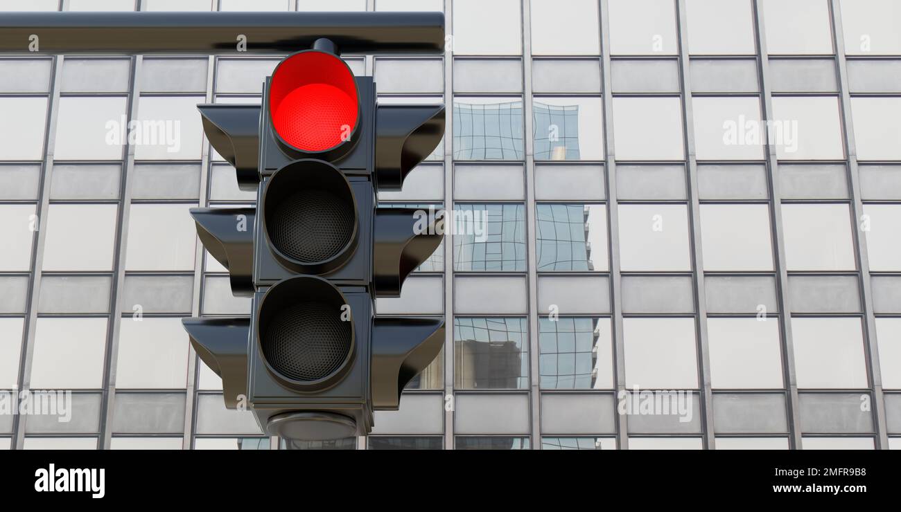 Verkehrsrisikomanagement. Hängende Ampel mit rotem Stoppsignal auf Wolkenkratzer-Hintergrund. Unter Ansicht. 3D-Rendern Stockfoto