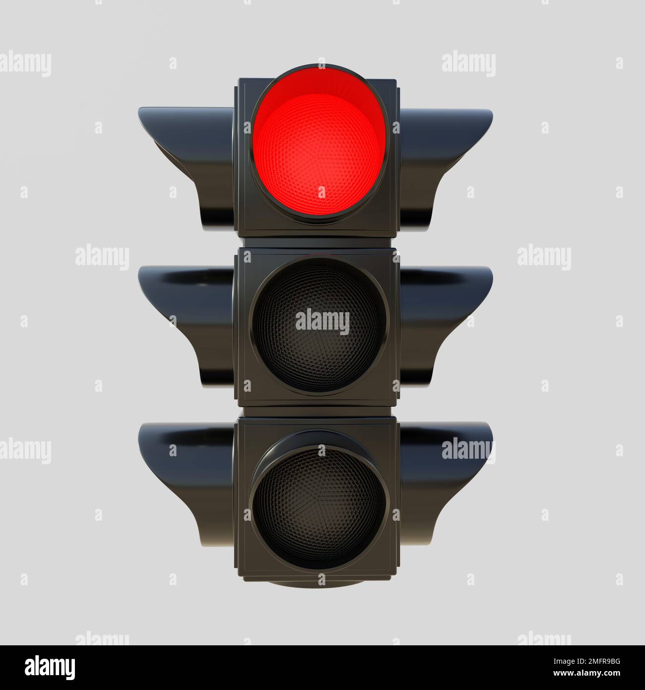 Rote Ampel isolierter Ausschnitt auf grauem Hintergrund. Semaphore-Ampel mit rotem Bremssignal. Straßenaufmerksamkeitskonzept. 3D-Rendern Stockfoto