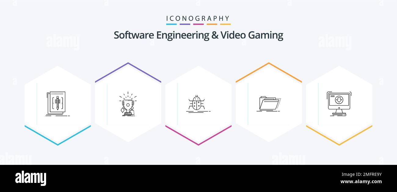 Software Engineering und Video Gaming 25-Reihe-Symbolpaket mit Verzeichnis. Archivieren. Trophäen. Virus. Insekten Stock Vektor