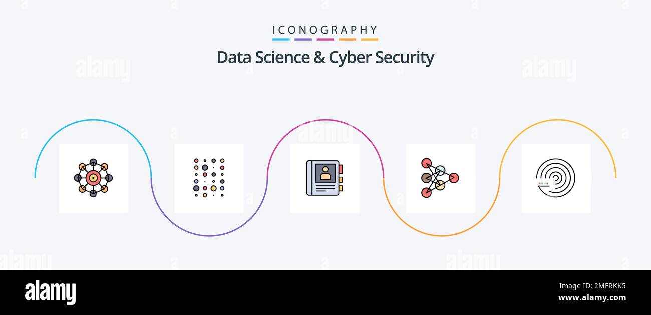 Data Science und Cyber Security Line Filled Flat 5 Symbolpaket mit Modell. Daten. Telefon. Algorithmus. Lernen Stock Vektor