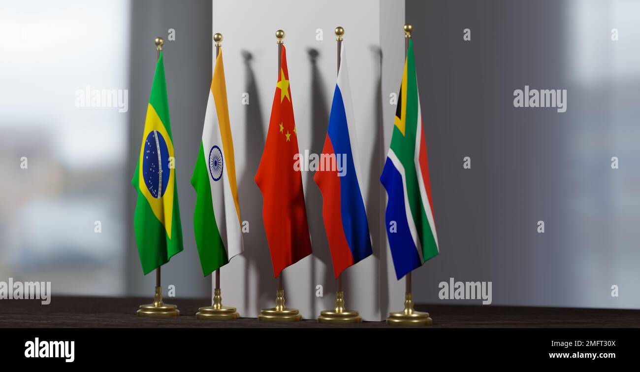 Russland Indien China Brasilien Südafrika Flaggen, Gipfel Russland, Indien, China, Brasilien, Südafrika, 3D Arbeit und 3D Illustration Stockfoto