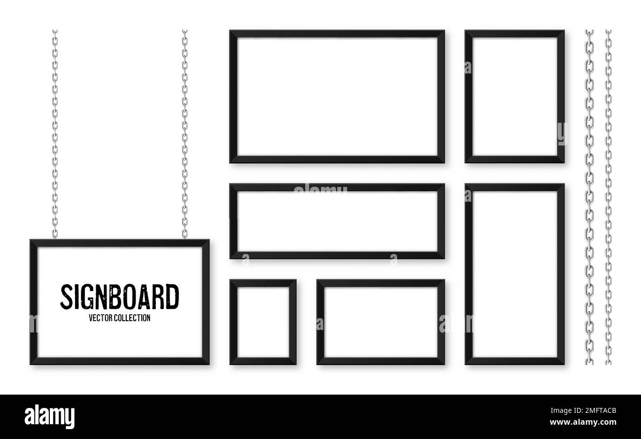 Schwarze Schilder, die an einer Metallkette hängen. Speisekarte des Restaurants. Modernes Postermodell. Leeres Foto oder Bilderrahmen. Werbung oder Präsentation Stock Vektor