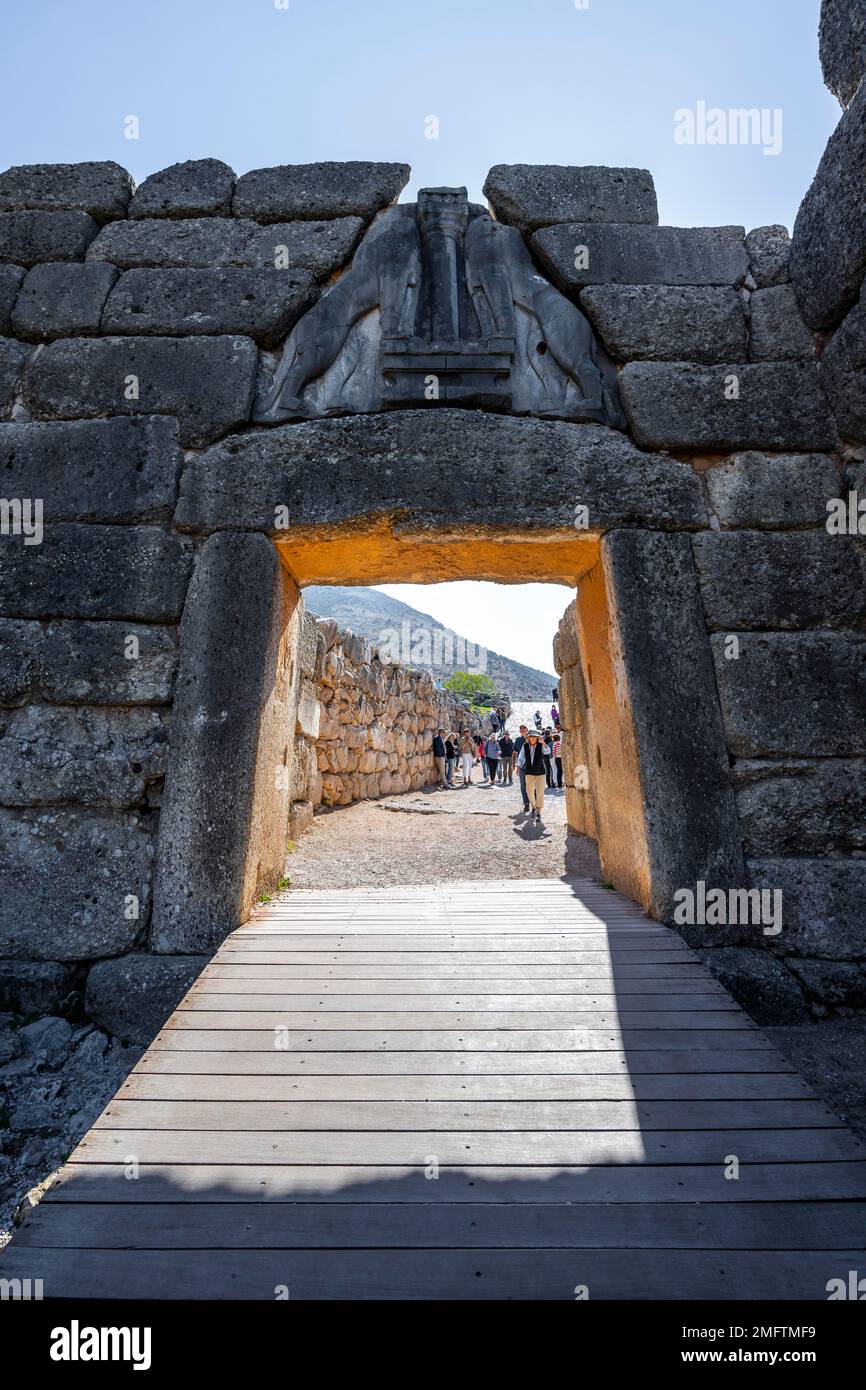 Löwentor Mykene, Griechische Archäologische Stätte, Peloponnes, Griechenland Stockfoto