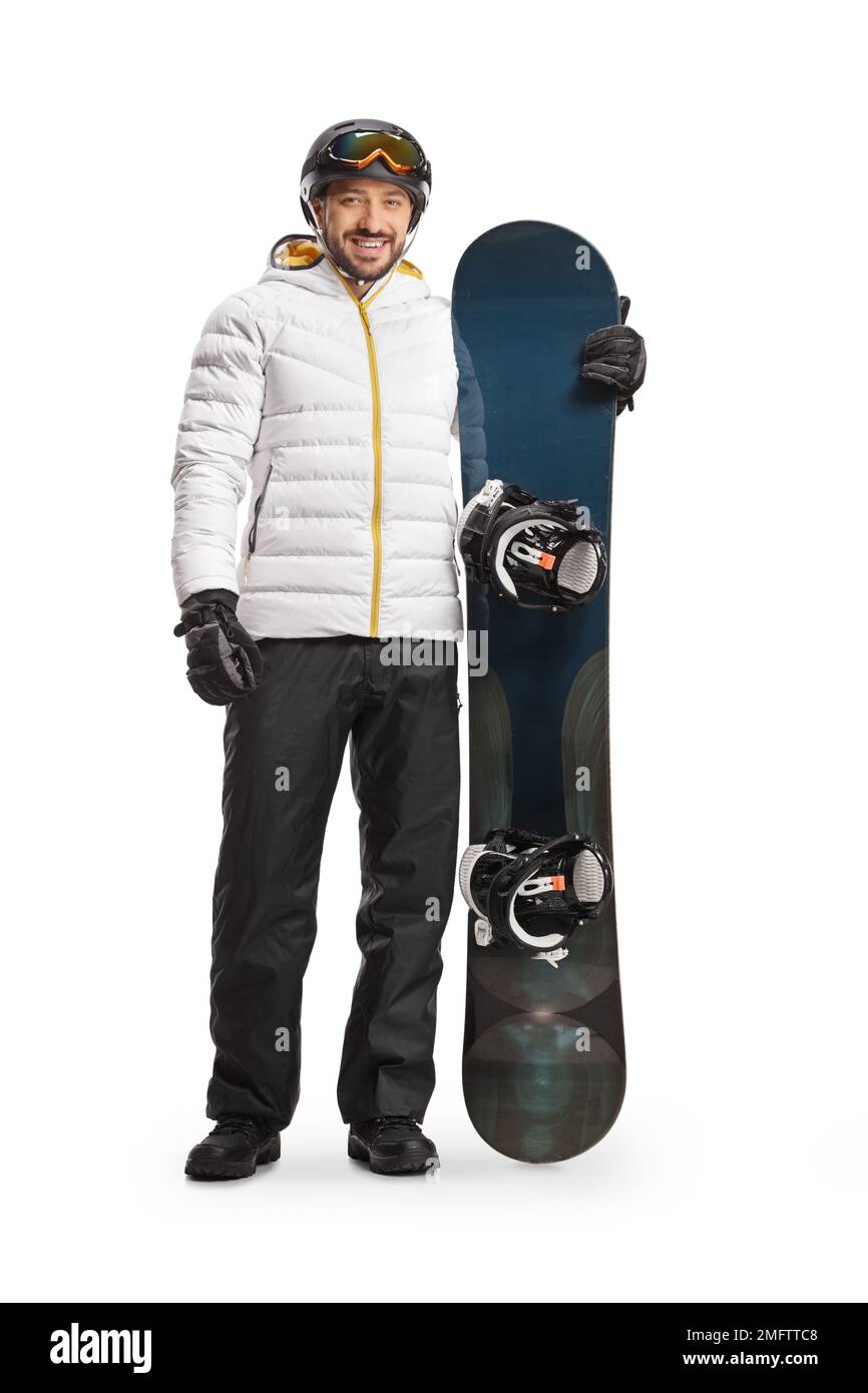 Porträt eines Mannes mit Snowboard, der auf die Kamera blickt, isoliert auf weißem Hintergrund Stockfoto