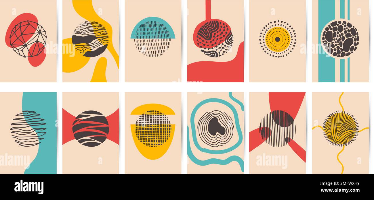 Handgezeichnete kreative Poster mit Elementen. Moderne Cover oder Einladungsvorlage mit Tinte. Graphik Art Grunge Textur. Neoterische Vektorminimalbanner gesetzt Stock Vektor