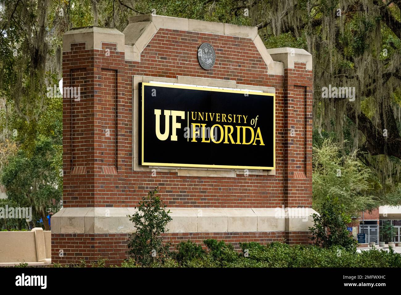 Schild zur University of Florida am Ben Hill Griffin Stadium in Gainesville, Florida. (USA) Stockfoto