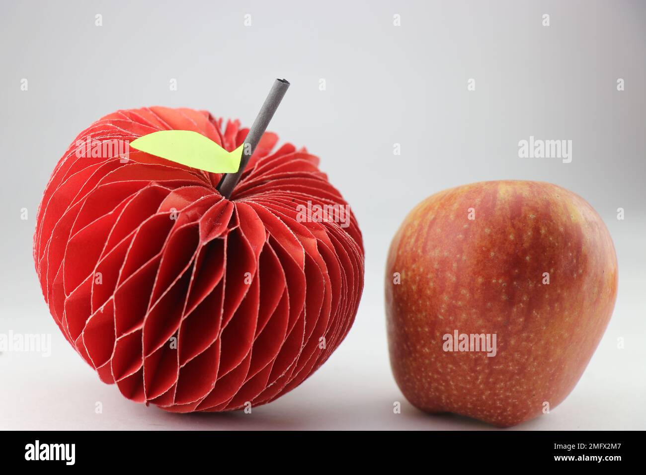 Ein spezieller Apfel, der aus Papier hergestellt wurde, mit echtem Apfel daneben Stockfoto