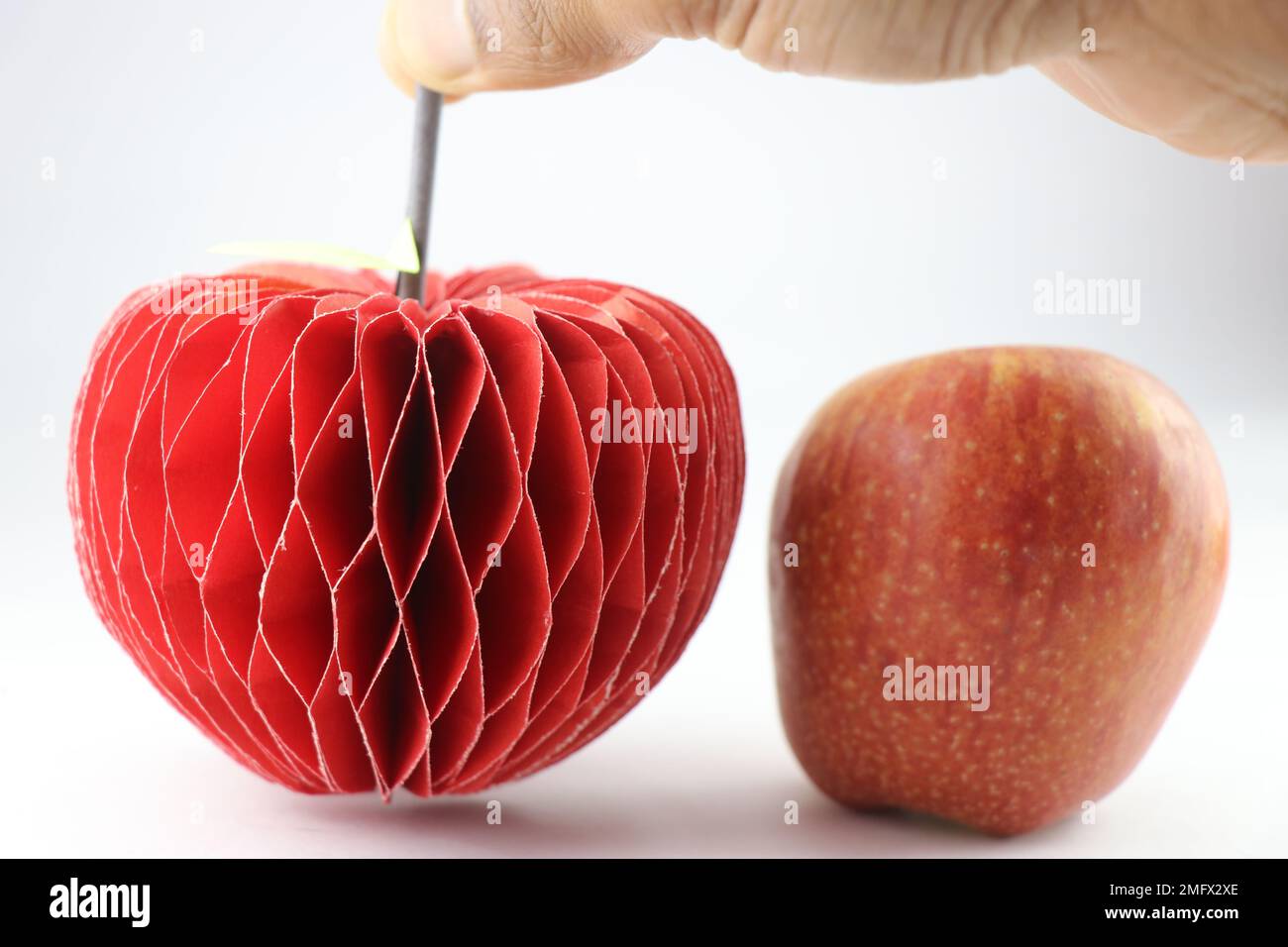 Origami-Apfel mit seinem Stiel in der Hand und echtem Apfel daneben, isoliert auf weißem Hintergrund Stockfoto