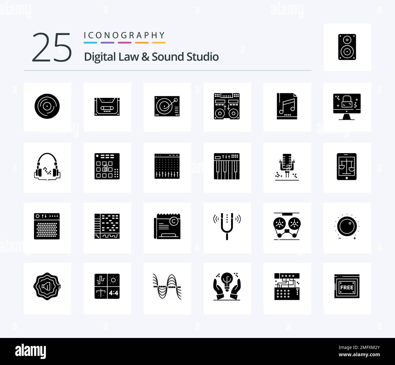 Digital Law and Sound Studio 25 Solid Glyph Icon Pack mit Deck. cd Kompakt. Aufzeichnen. Phonographen Stock Vektor