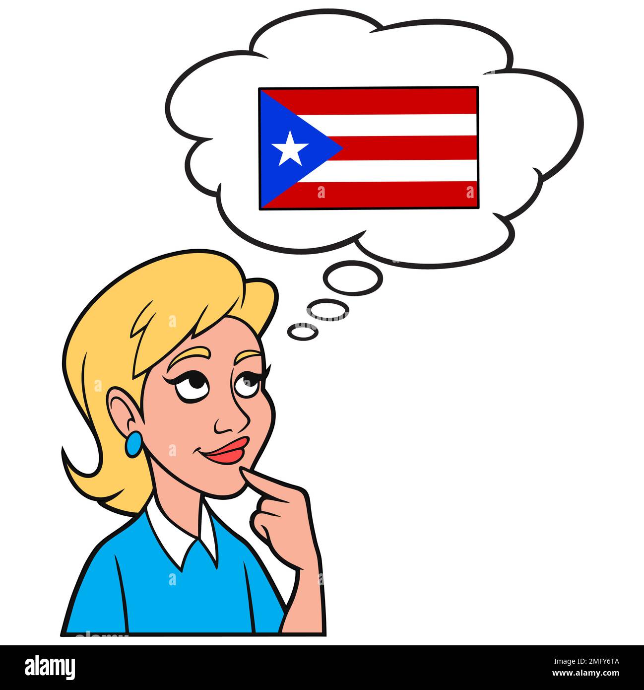 Ein Mädchen, das über Puerto Rico nachdenkt - Ein Zeichentrickfilm, in dem ein Mädchen über Puerto Rico nachdenkt. Stock Vektor