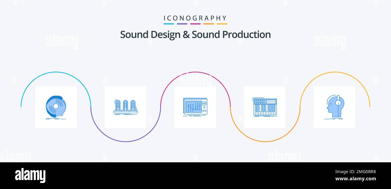 Sound Design und Sound Production Blue 5 Icon Pack inkl. Tastatur. studio. Klang. Musik. dj Stock Vektor