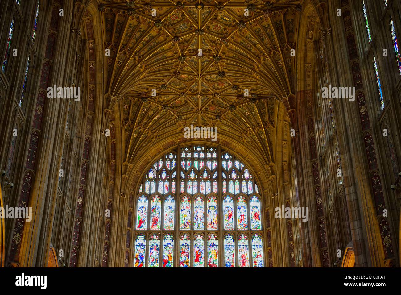Sherborne Abbey ist ein Fan mit Gewölbedecke im Inneren des Schiffes/Kanzels. Stockfoto