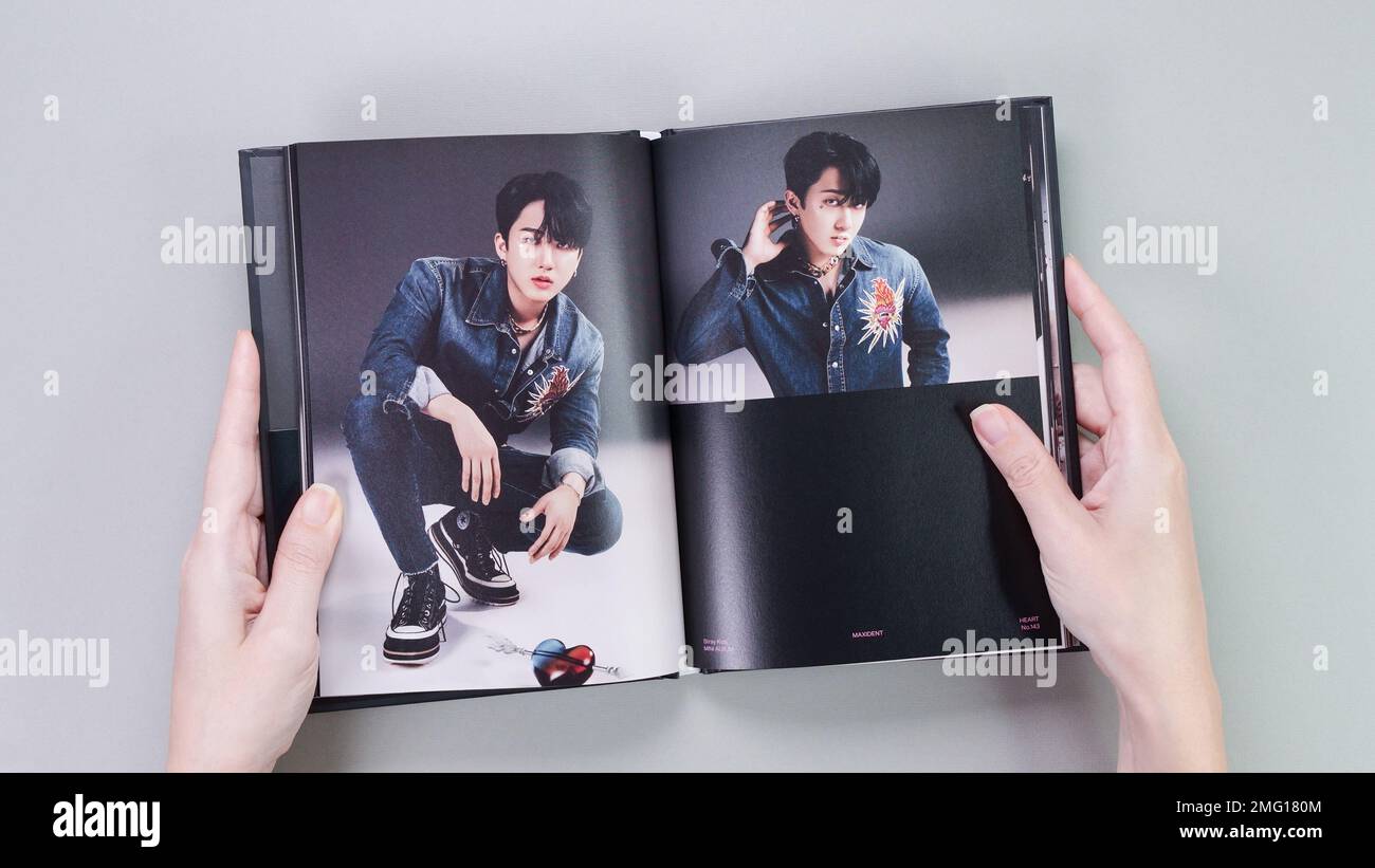 Fan Hold Stray Kids MAXIDENT Mini Album Fotobuch auf Grau. Musik-CD. Südkoreanische Boyband StrayKids. Platz für Text. Gatineau, QC Kanada – Dezembe Stockfoto