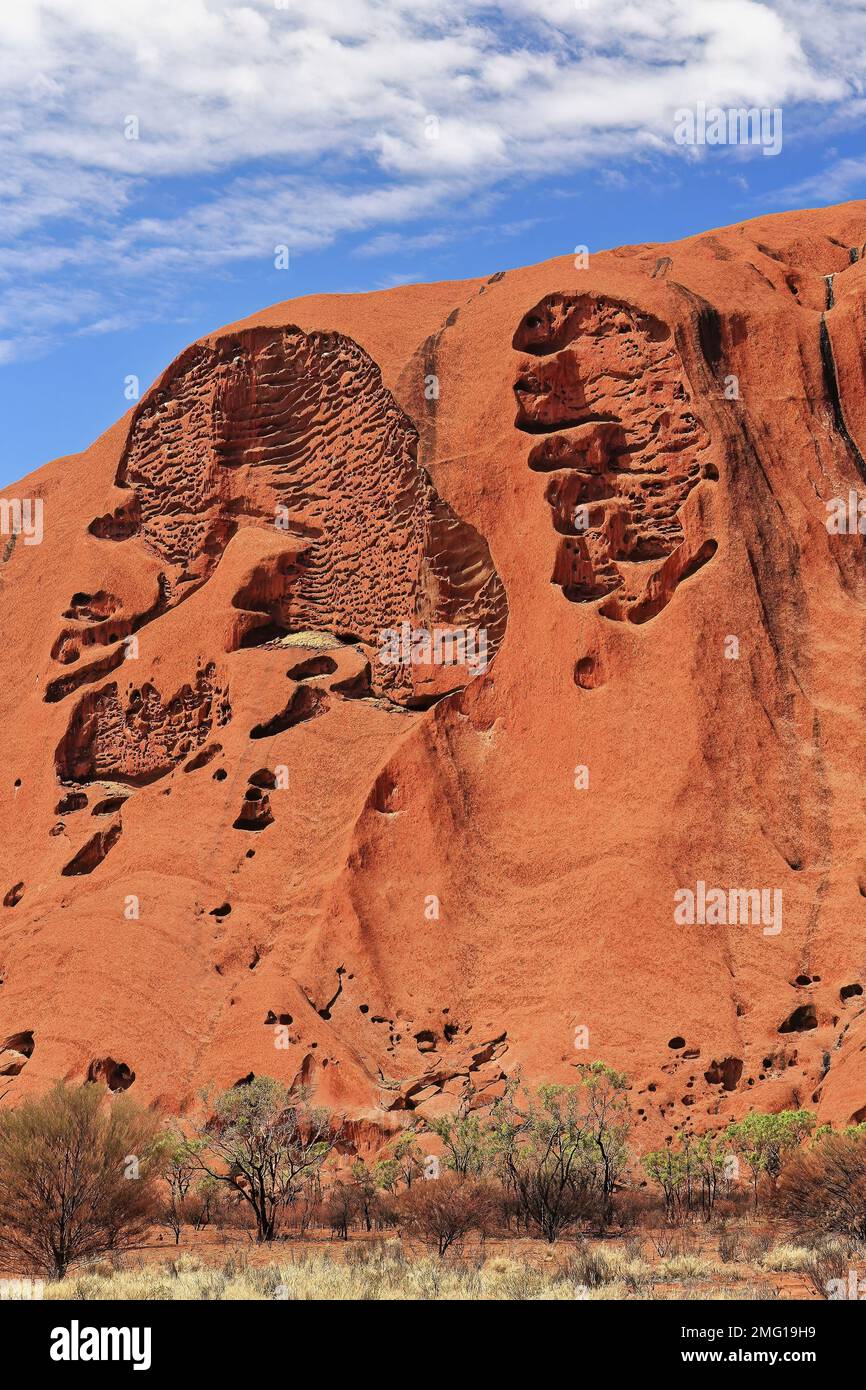 436 Lochsets, die geheimnisvolle Zeichnungen auf dem Uluru-Ayers Rock bilden, vom Fuß aus gesehen. NT-Australien. Stockfoto