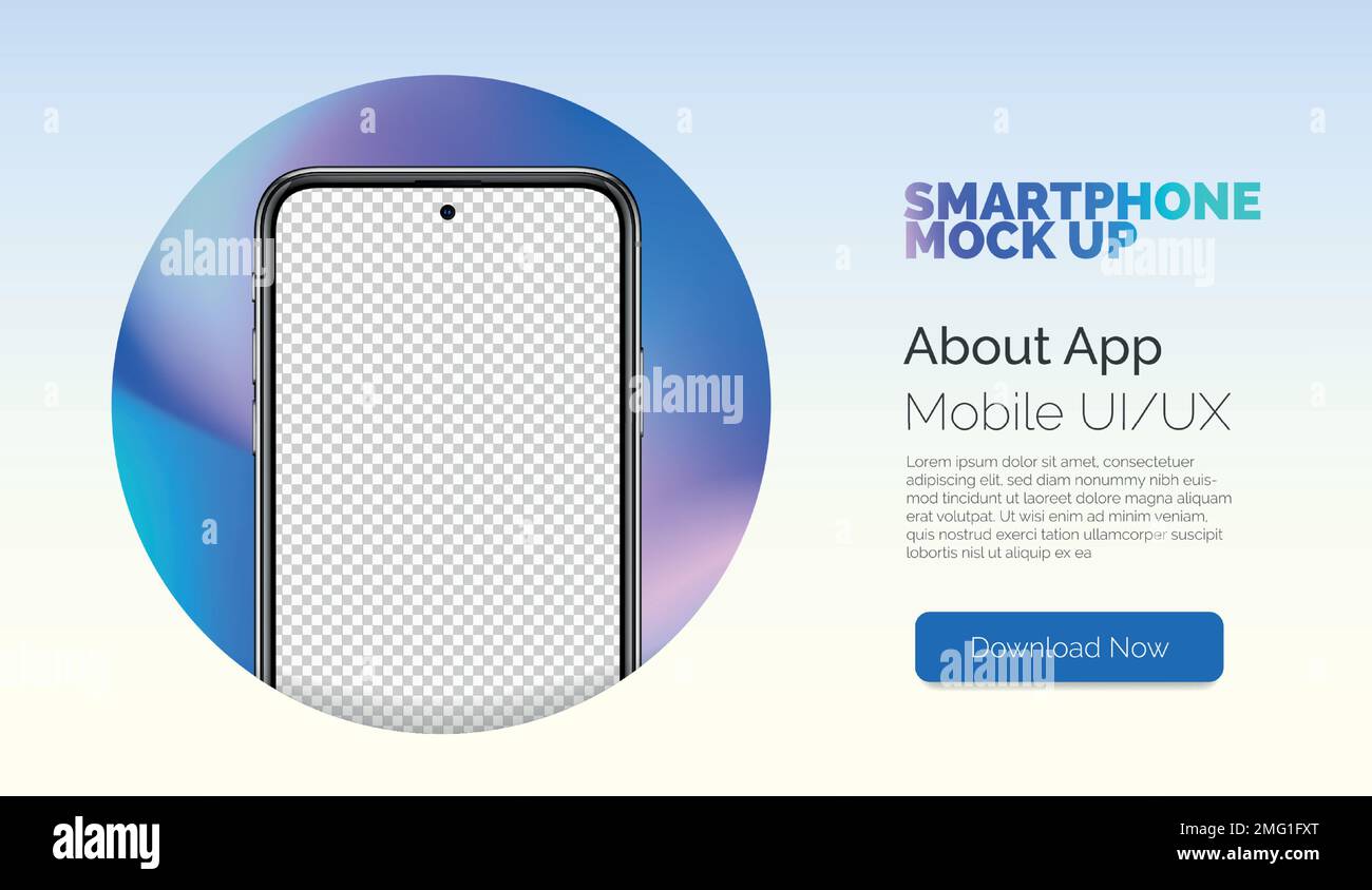 Vektormodell-Smartphone für visuelle ui-App-Demonstration. Handypräsentationskonzept. Realistisches, trendiges Smartphone ohne Rahmen mit leerem transparentem Bildschirm. Stock Vektor