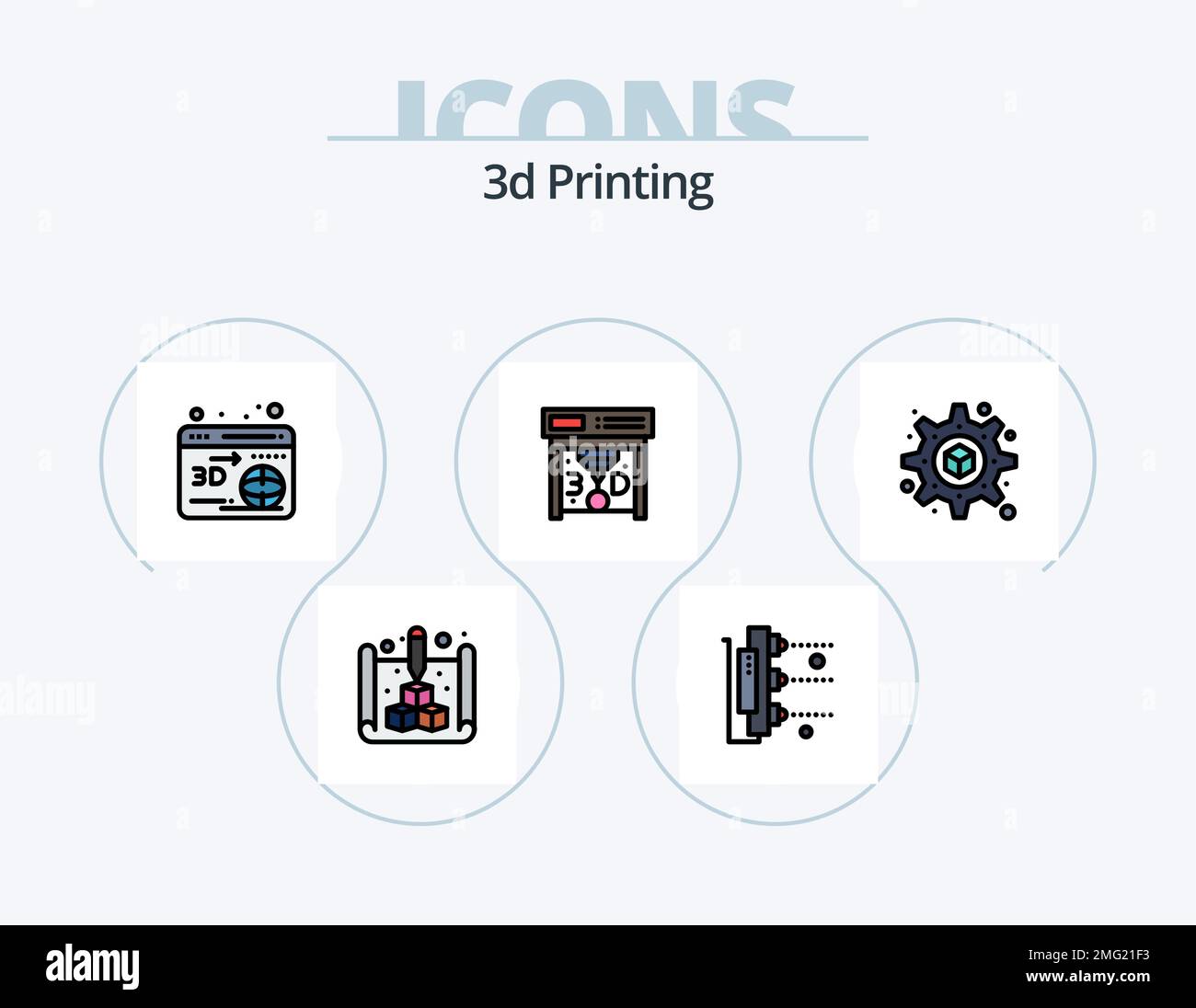 3D-Symbolpaket mit ausgefüllten Linien 5-Symboldesign. Drucker. 3D. Skaliert. Produkt-ID. Drucken Stock Vektor