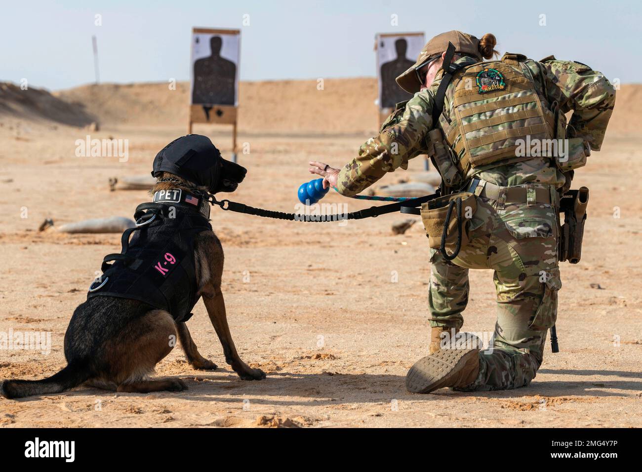 21. Januar 2023 - Prince Sultan Air Base, Saudi-Arabien - USA Air Force Staff Sergeant Leirin Simmons, 378. Expeditionary Security Forces Squadron K9 Handler, trainiert Ffrancesca, ihren militärisch arbeitenden Hund, auf einem Schießstand auf dem Prince Sultan Air Base, Königreich Saudi-Arabien, Januar. 21, 2023. K9 die Verteidiger und ihre Betreuer müssen gemeinsam im Umgang mit Feuerwaffen trainieren, um in stressigen realen Situationen eine sichere Interoperabilität zu gewährleisten. (Kreditbild: © USA Air Force/ZUMA Press Wire Service) NUR REDAKTIONELLE VERWENDUNG! Nicht für den kommerziellen GEBRAUCH! Stockfoto