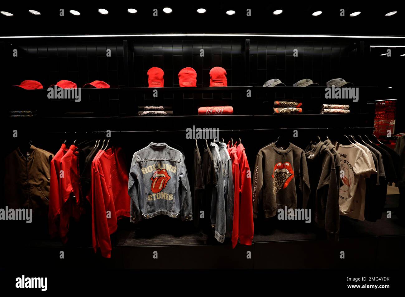 Merchandise is displayed ahead of the opening of the Rolling Stones  flagship store, 'RS No. 9 Carnaby' on Carnaby Street in London, Tuesday,  Sept. 8, 2020. The store, which will be the