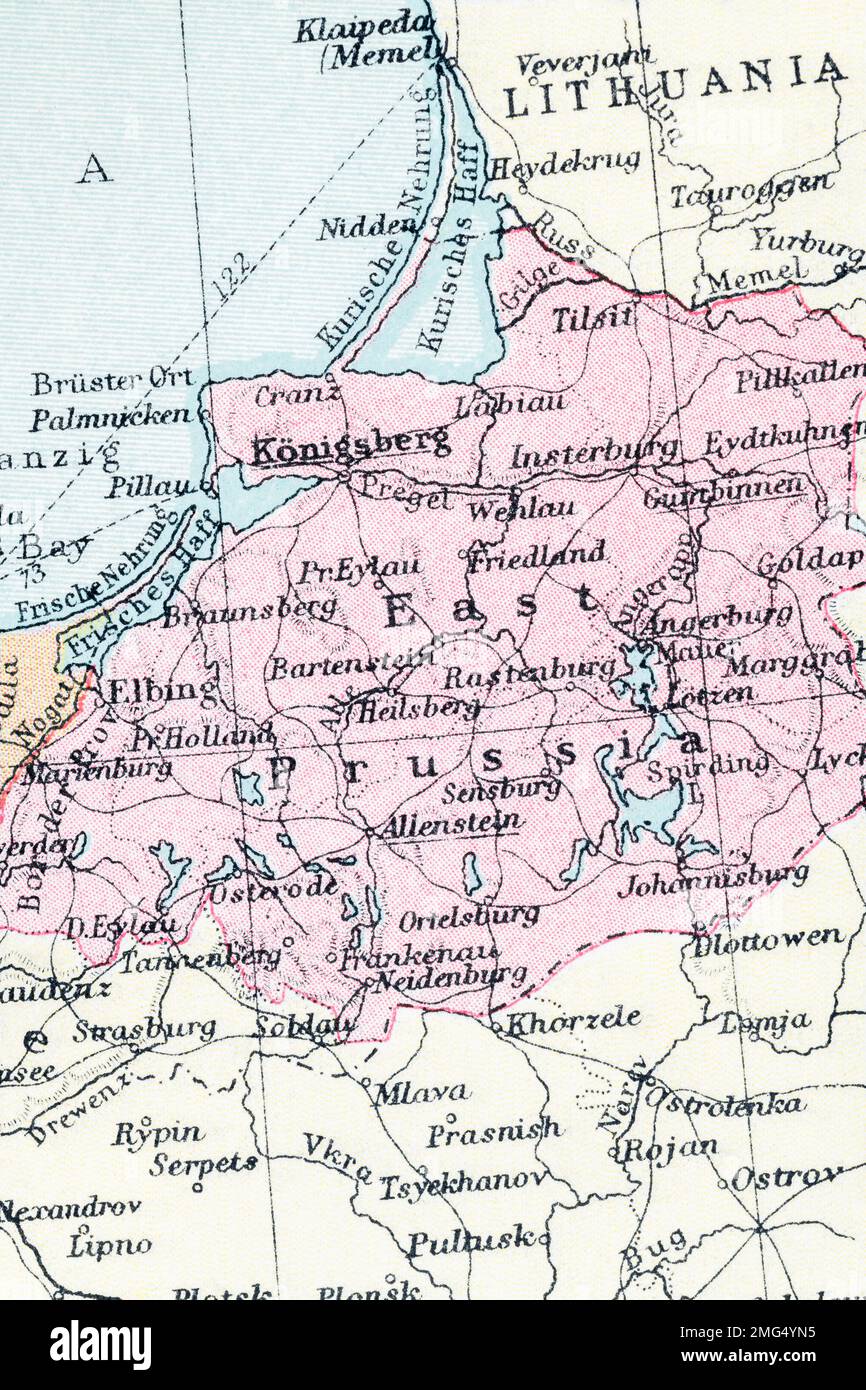 1935 Atlas-Karte der territorialen Grenzen Ostpreußens und der Stadt Königsberg (Kaliningrad). Für das Deutsche Reich, Suwalki Gap / Korridor, Danzigermeer. Stockfoto