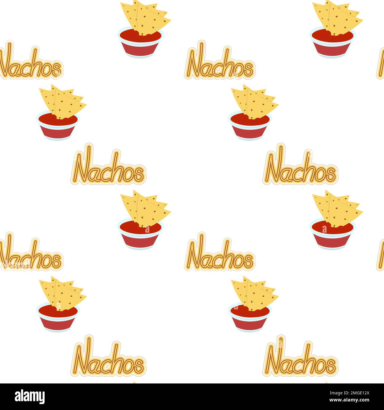 Endloses Nachos-Muster und handschriftliche Schriftzeichen. Lateinamerikanische Küche. Fastfood-Menü. Isolieren. Traditionelles mexikanisches Essen. Gut geeignet für Banner, Poster, Menü, Web, Etikett, Preis oder Verpackung, Wand. EPS Stock Vektor