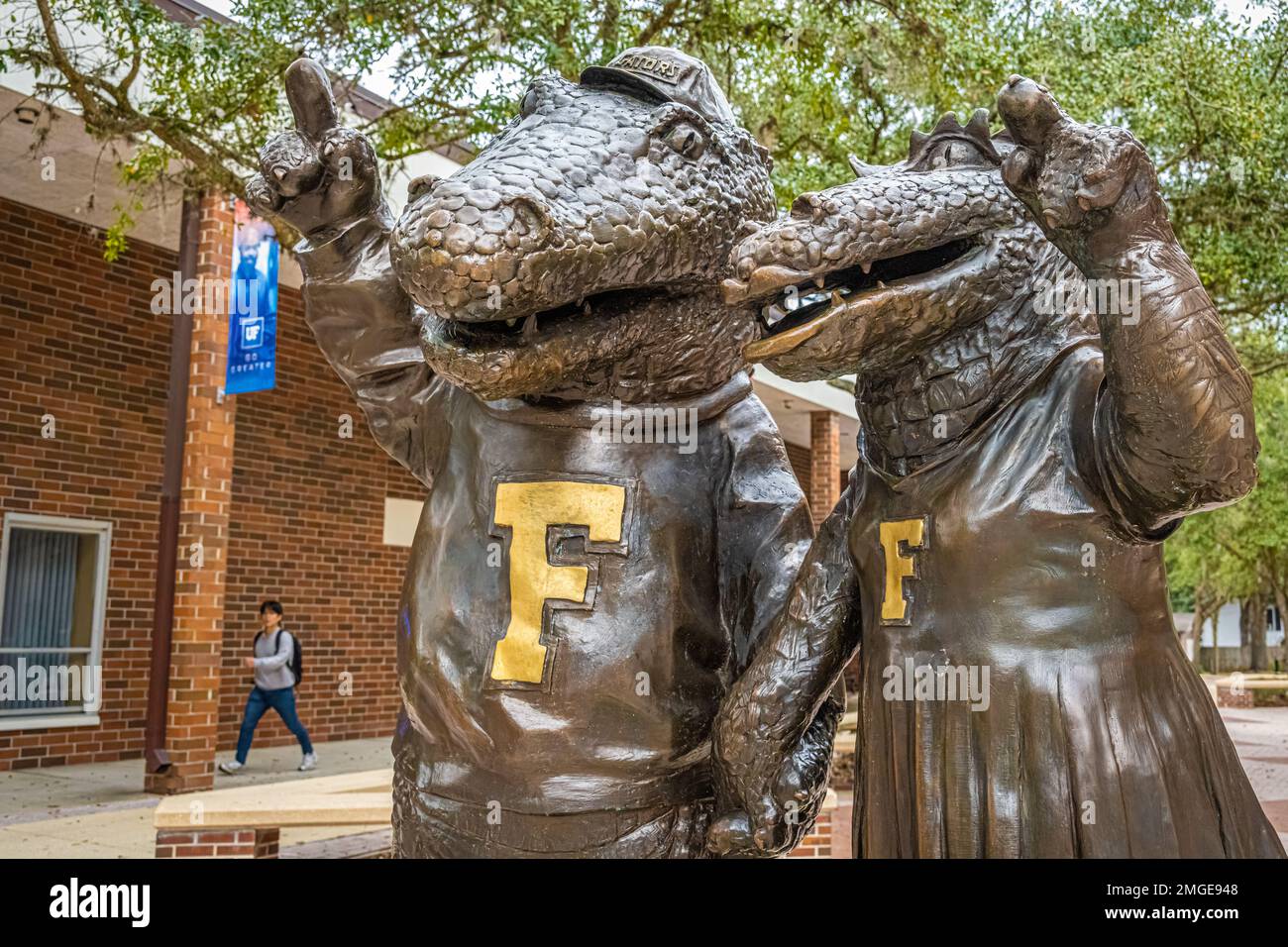 Maskottchen der University of Florida, Albert und Alberta Gator, gegenüber dem Ben Hill Griffin Stadium vom Gator Club Plaza auf dem Universitätscampus. (USA) Stockfoto