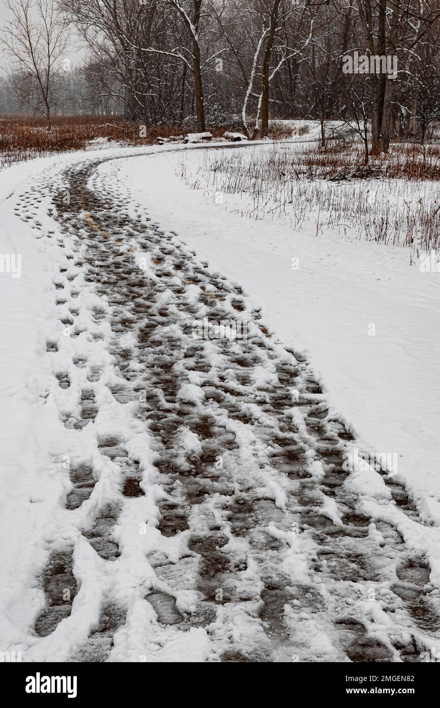 Tausende von Fußabdrücken bestätigen die Nutzung des Trails unabhängig von den Bedingungen wie dem leichten Schnee, der fiel, Rock Run Forest Preserve, will Cty, IL Stockfoto