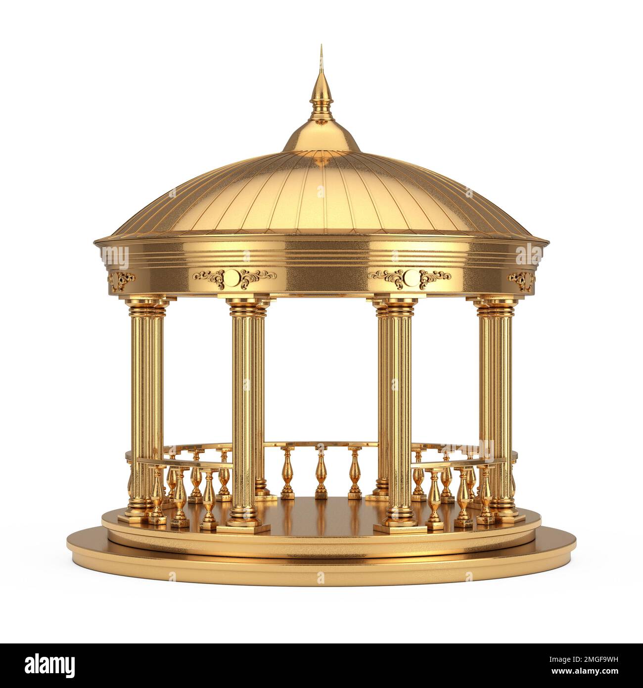 Städtischer Infrastrukturgarten oder Park Golden Circle Gazebo mit griechischen Säulen und Dach oder Pergola auf weißem Hintergrund. 3D-Rendering Stockfoto