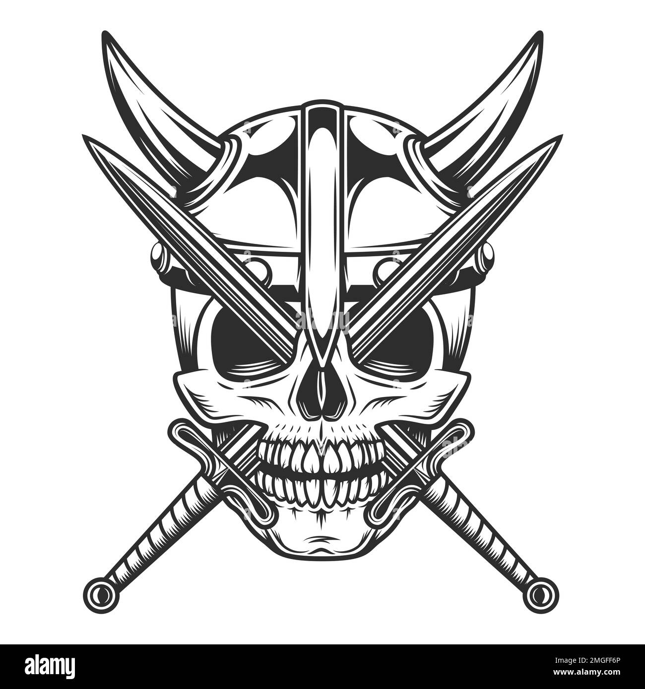Wikinger-Emblem im Vintage-Stil mit Schädel, ernster mittelalterlicher nordischer Krieger in Hörnerhelm und isolierter Illustration des Kampfschwertes Stockfoto
