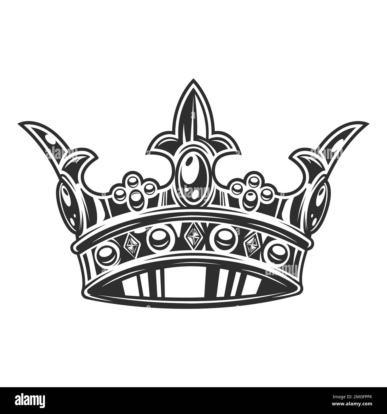 Kronendarstellung isoliert auf weißem Hintergrund. Klassische Krönung, elegante Queen- oder King-Krone gezeichnet. Königliche kaiserliche Krönungssymbole, Monarch Stockfoto