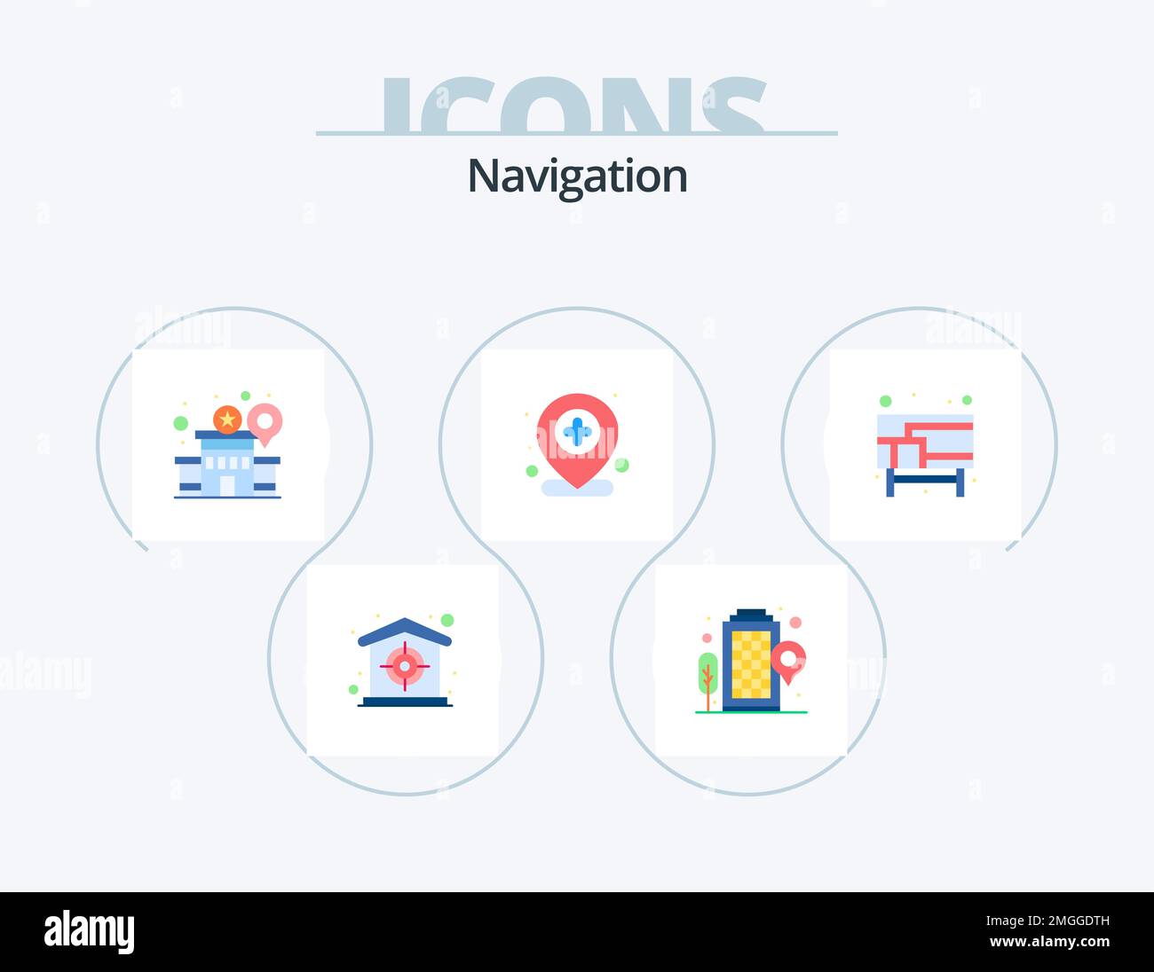 Navigation Flat Icon Pack 5 Icon Design. Straßen. Stadt. Standort. Plus. Standort Stock Vektor