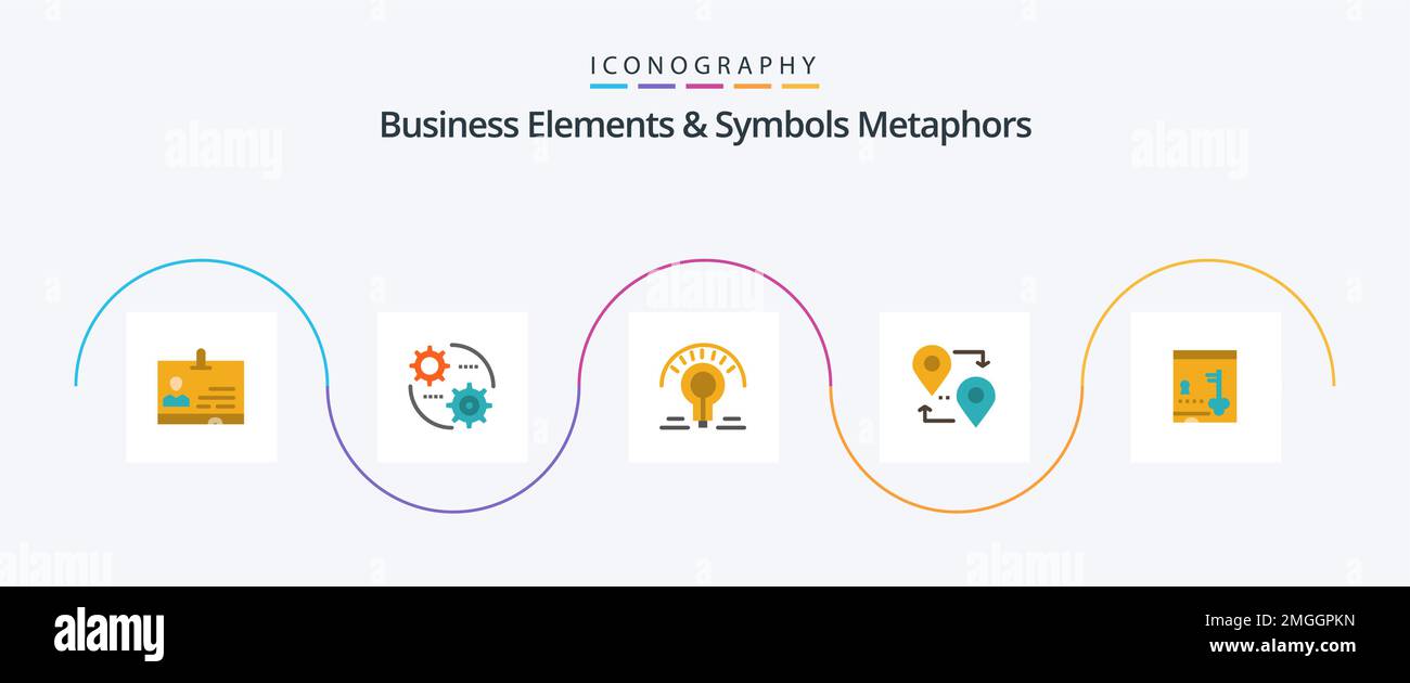 Business-Elemente und Symbole Metaphern Flat 5 Icon Pack mit Schließfach. Reisen. Glühlampe. Zeiger. Standort Stock Vektor