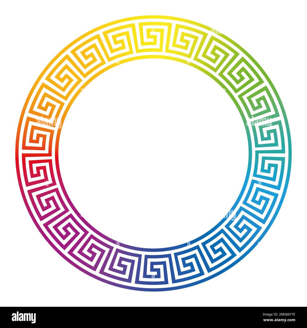Schlängelnder Designkreis, Rahmen mit nahtlosem Muster in Regenbogengradienten. Meandros, ein dekorativer Rahmen, aus durchgehenden Linien. Stockfoto