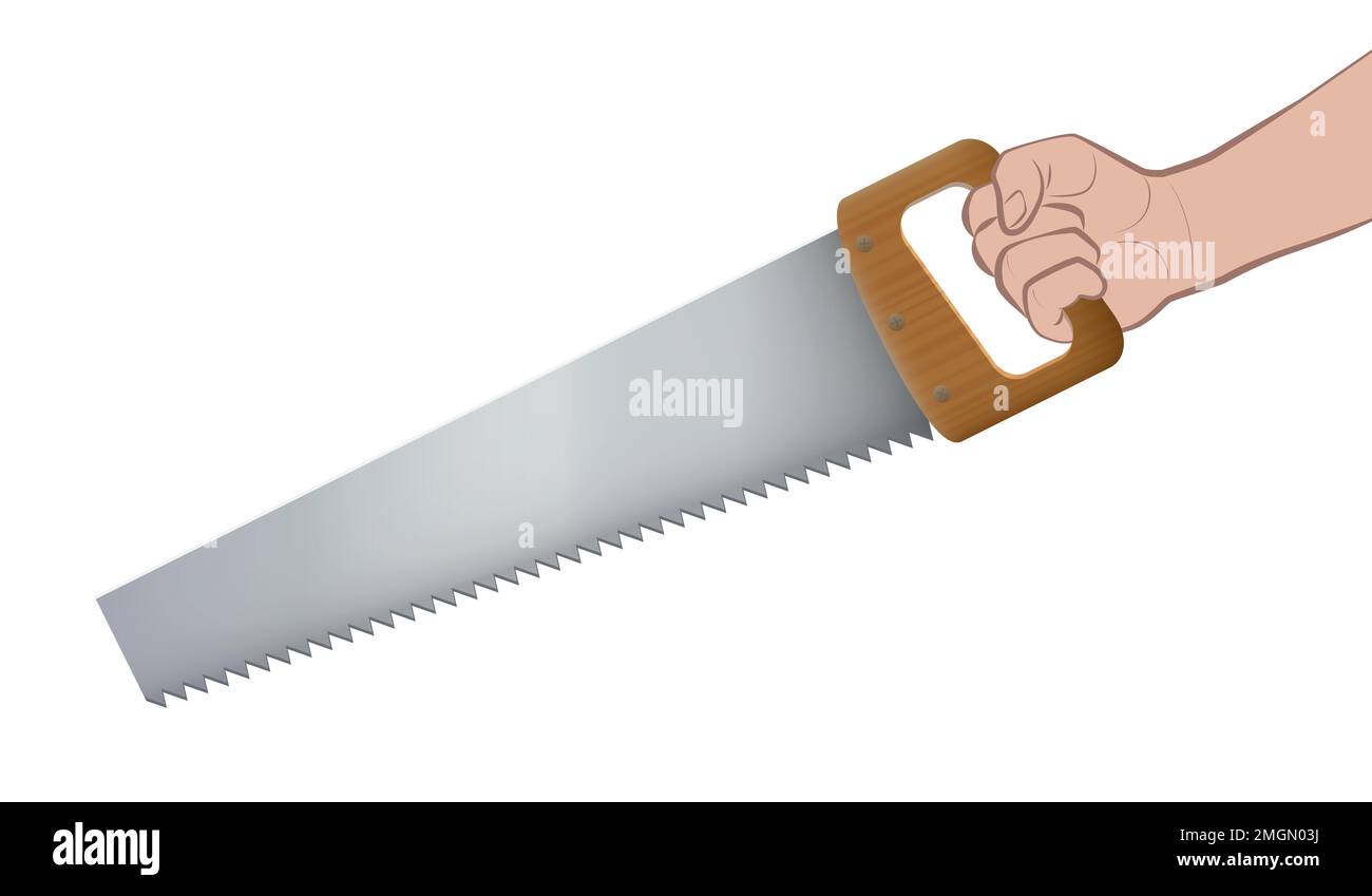 Handsäge, Handwerker mit Holzgriff, Metallsägeblatt und spitzen Sägezähnen – Abbildung auf weißem Hintergrund. Stockfoto