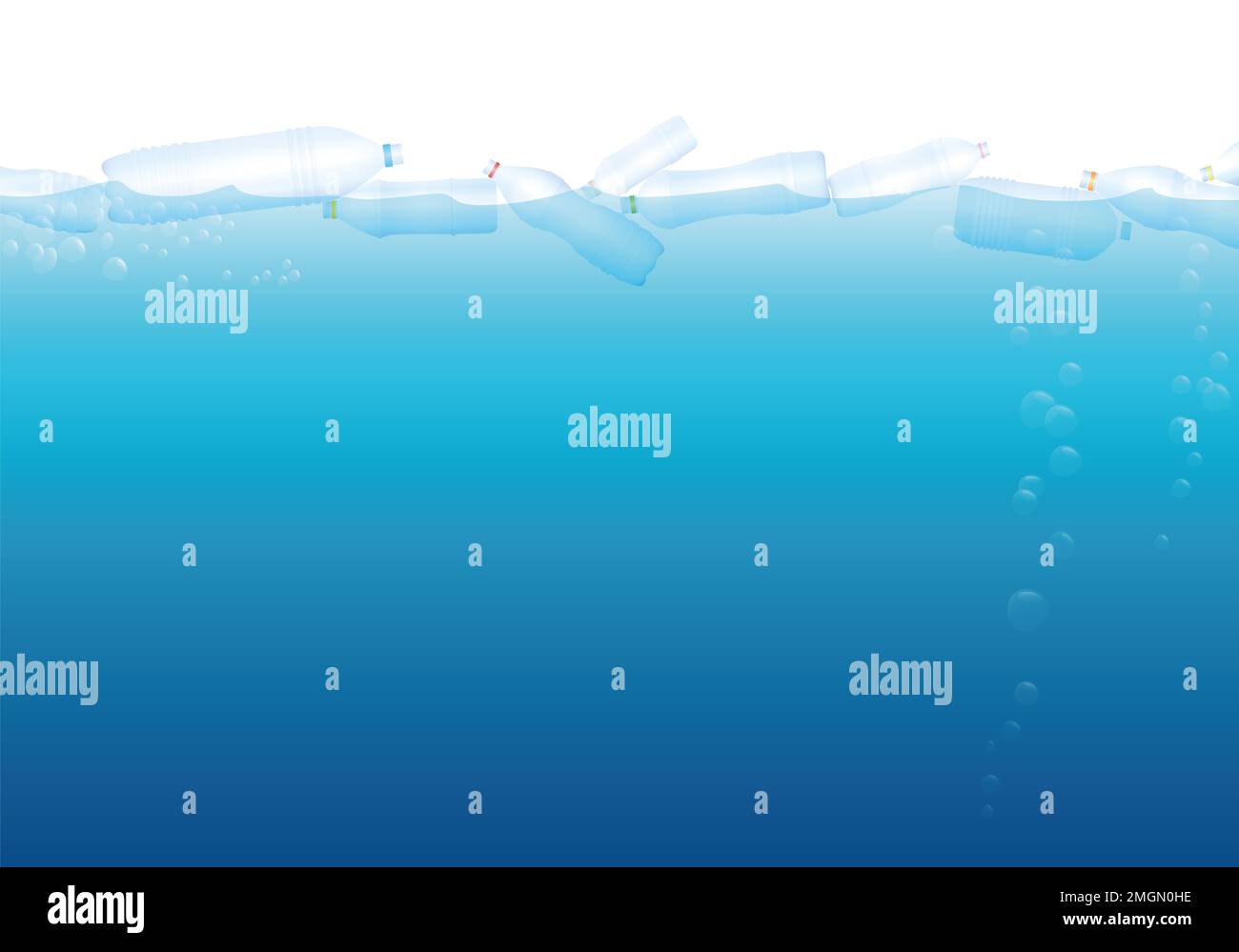 Auf dem Meer schwimmende Plastikflaschen, Symbol für übermäßigen Verbrauch und Umweltverschmutzung - Illustration auf einem dunkelblauen Ozeanhintergrund. Stockfoto