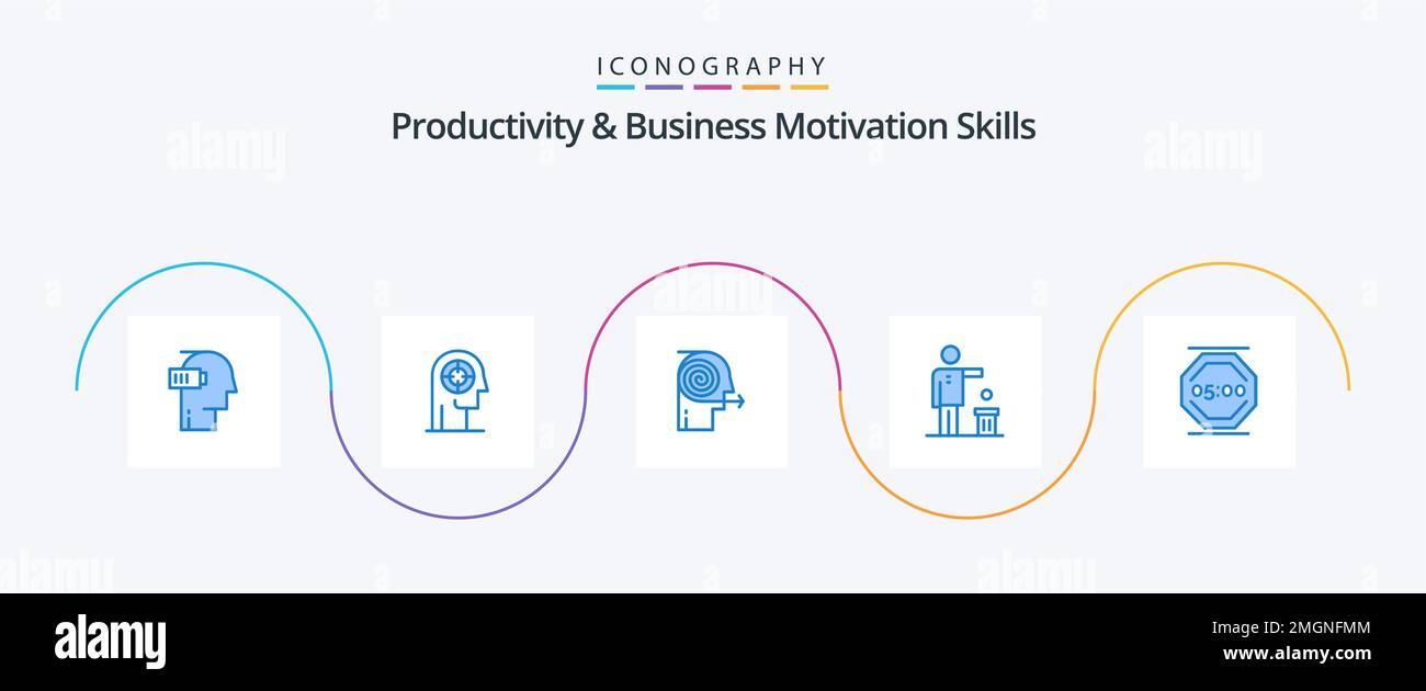 Produktivität und geschäftliche Motivation Skills Blue 5 Icon Pack mit Ideen. Schlecht. Kopf. Fokussieren. Anstrengung Stock Vektor