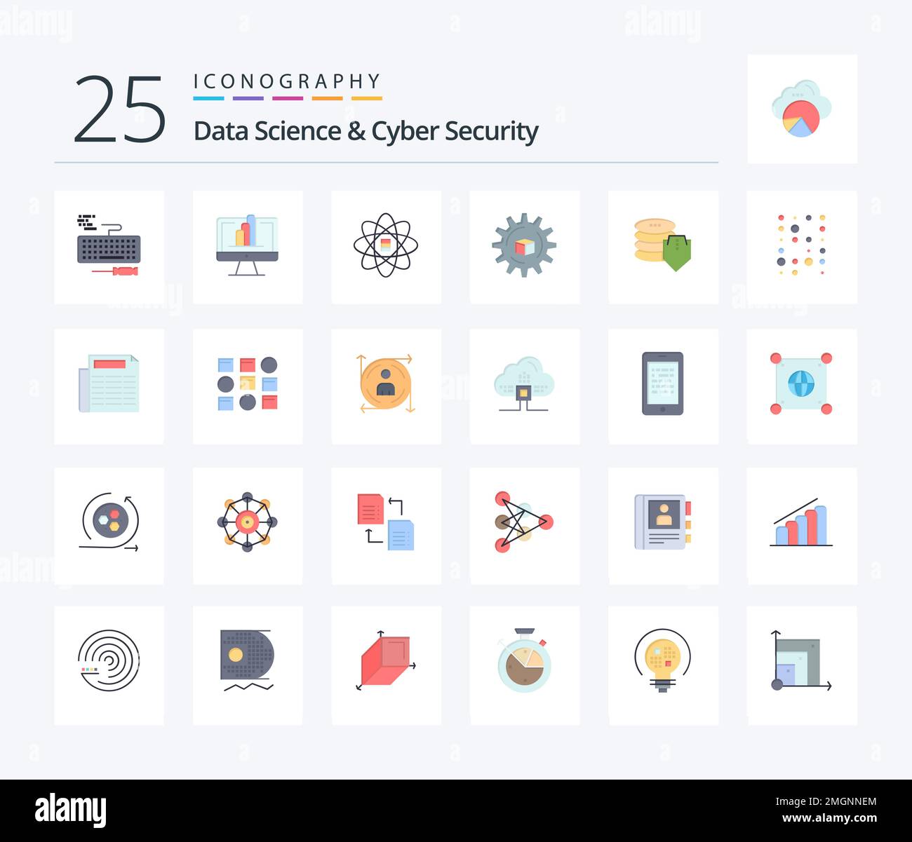 Data Science und Cyber Security 25 flaches Farb-Symbolpaket einschließlich Dollar. Scrince. Daten. Eine Lüge. Atoumiert Stock Vektor