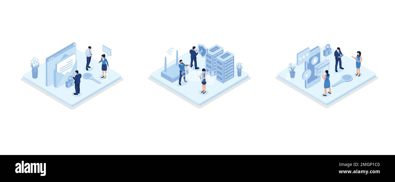 Personen, die Cyber Security Services zum Schutz personenbezogener Daten verwenden. Sicherheit bei Online-Zahlungen, freigegebene Cloud-Dokumente, Serversicherheit und Datensicherheit Stock Vektor