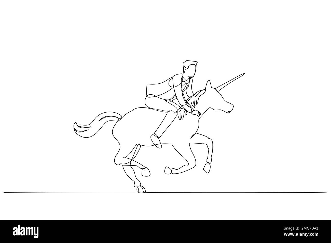 Cartoon eines Geschäftsmannes, der auf einem Einhorn reitet und sich in eine neue Gegend ausdehnt. Ein kontinuierlicher Strichbildstil Stock Vektor
