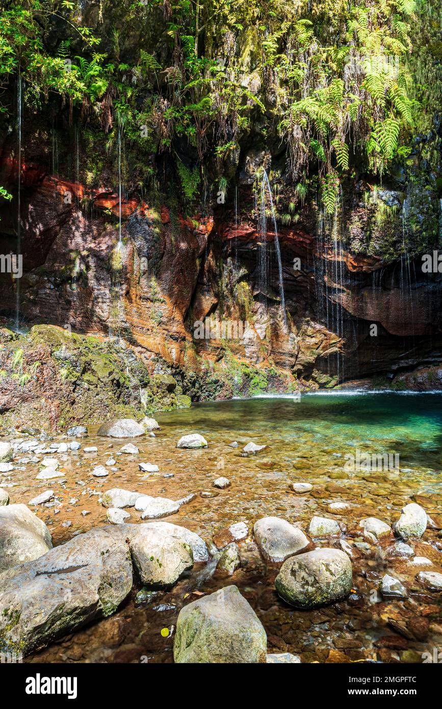 Atemberaubende Landschaft mit 25 Fontes-Wasserfällen mit kleinem See und Steinen in der Nähe von Rabacal auf Madeira Stockfoto