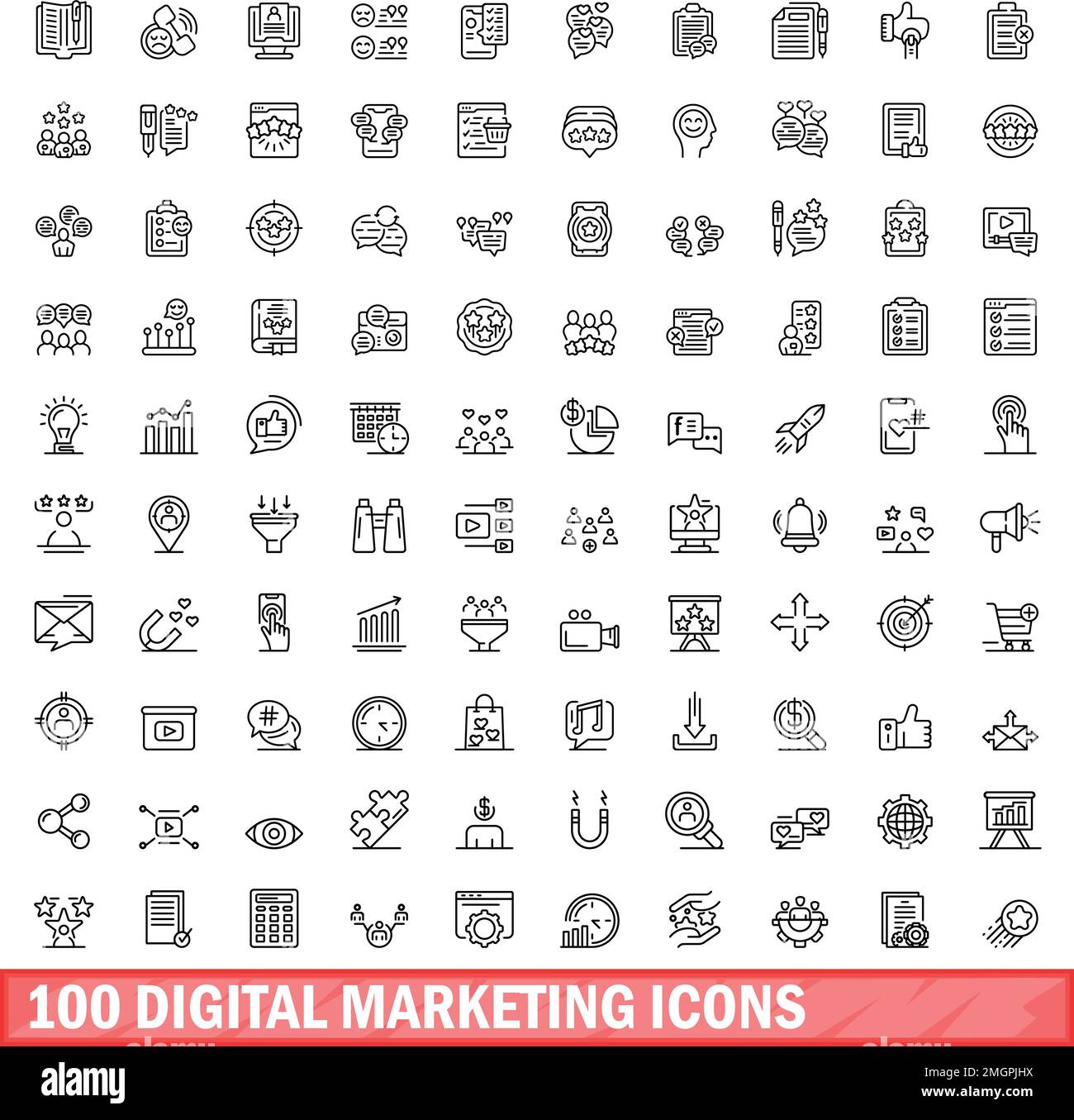 100 Symbole für digitales Marketing. Gliederungsdarstellung von 100 Symbolen für digitales Marketing, Vektorsatz isoliert auf weißem Hintergrund Stock Vektor