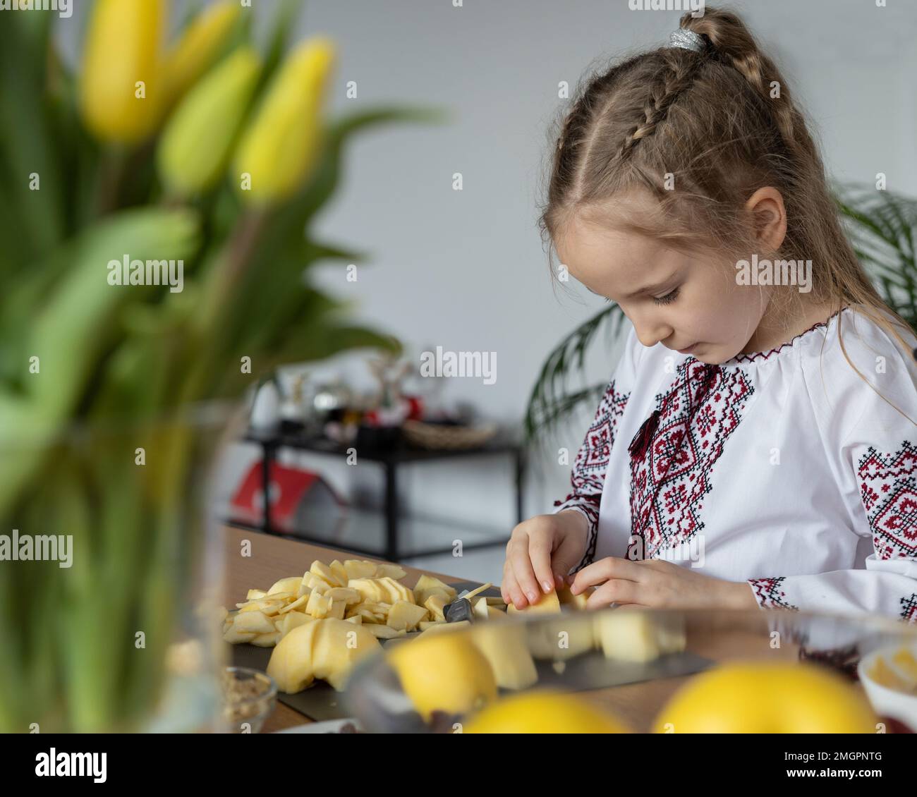 Ein kleines Mädchen mit braunen langen Haaren in einem traditionellen, bestickten Hemd schneidet Äpfel auf dem Tisch, um einen Kuchen zu backen Stockfoto