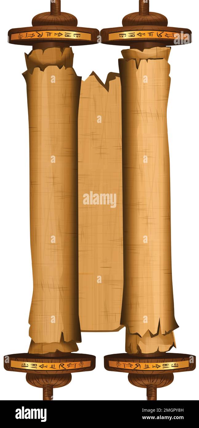 Alte ägyptische Papyrus-Schriftrolle mit Holzstangen-Cartoon-Vektordarstellung. Ägyptisches Kultursymbol, altes Papier zur Aufbewahrung von Informationen mit Holzstäbchen, gefaltet und isoliert auf weißem Hintergrund Stock Vektor