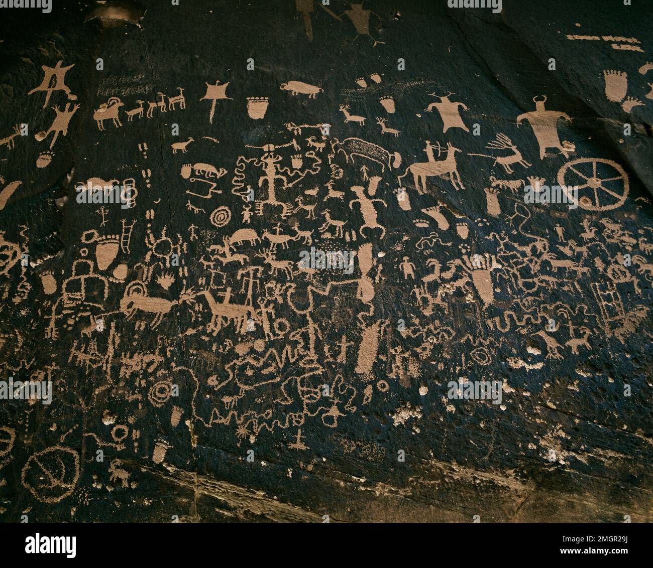 USA, Arizona, versteinerter Nationalpark. Die archäologische Stätte, auch bekannt als Newspaper Rock. Petroglyph-Zeichnungen, die 2.000 Jahre alt sind. Stockfoto