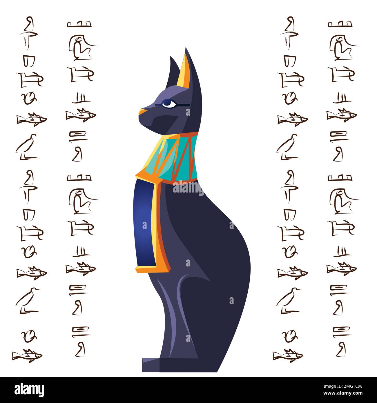 Alte ägyptische Göttin Katzenvektor-Zeichentrickfilm-Illustration. Ägyptisches Kultursymbol, schwarze Statue der Göttin Bastet, heiliges Tier isoliert auf weißem Hintergrund mit Hieroglyphen-Zeichen Stock Vektor